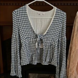 2 tops  both size small. Cropped Blue and White Blouse and Peach Top